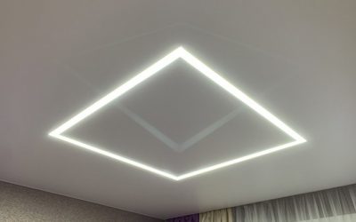 Глянцевый натяжной потолок со световыми линиями в спальне (1)