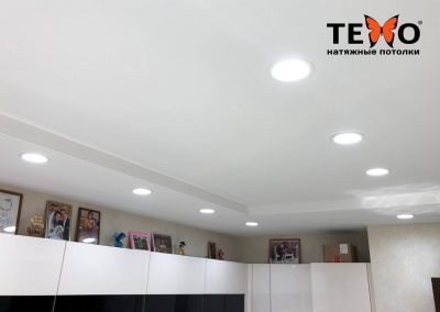 Белый натяжной потолок в кухне с точечными светильниками