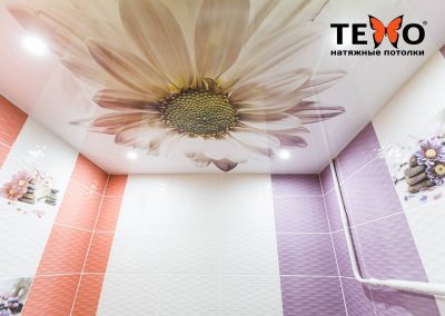 Глянцевый натяжной потолок с фотопечатью и точечными светильниками в ванной
