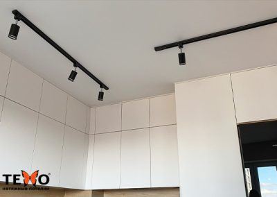Трековое освещение на натяжном потолке в светлой кухне
