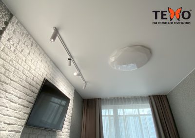 Матовый натяжной потолок с треками в гостинной
